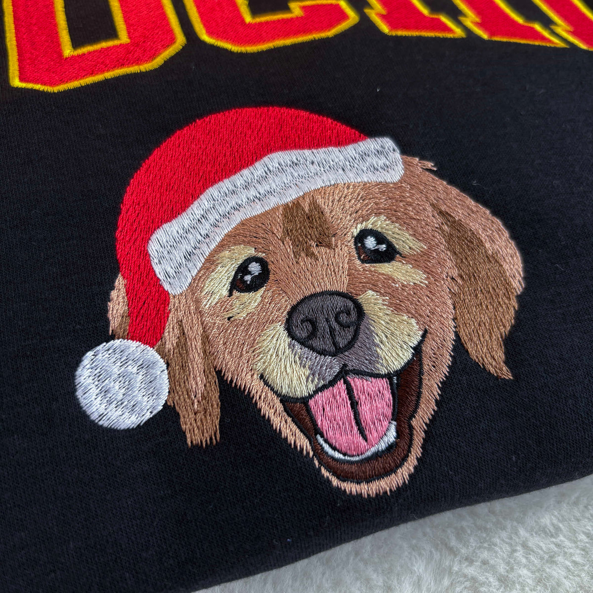 PetFiestas® Custom Dog Embroidered Sweatshirt, Hoodie & T-Shirt, Personalized Pet Christmas Sweatshirt- Varsity Colorful