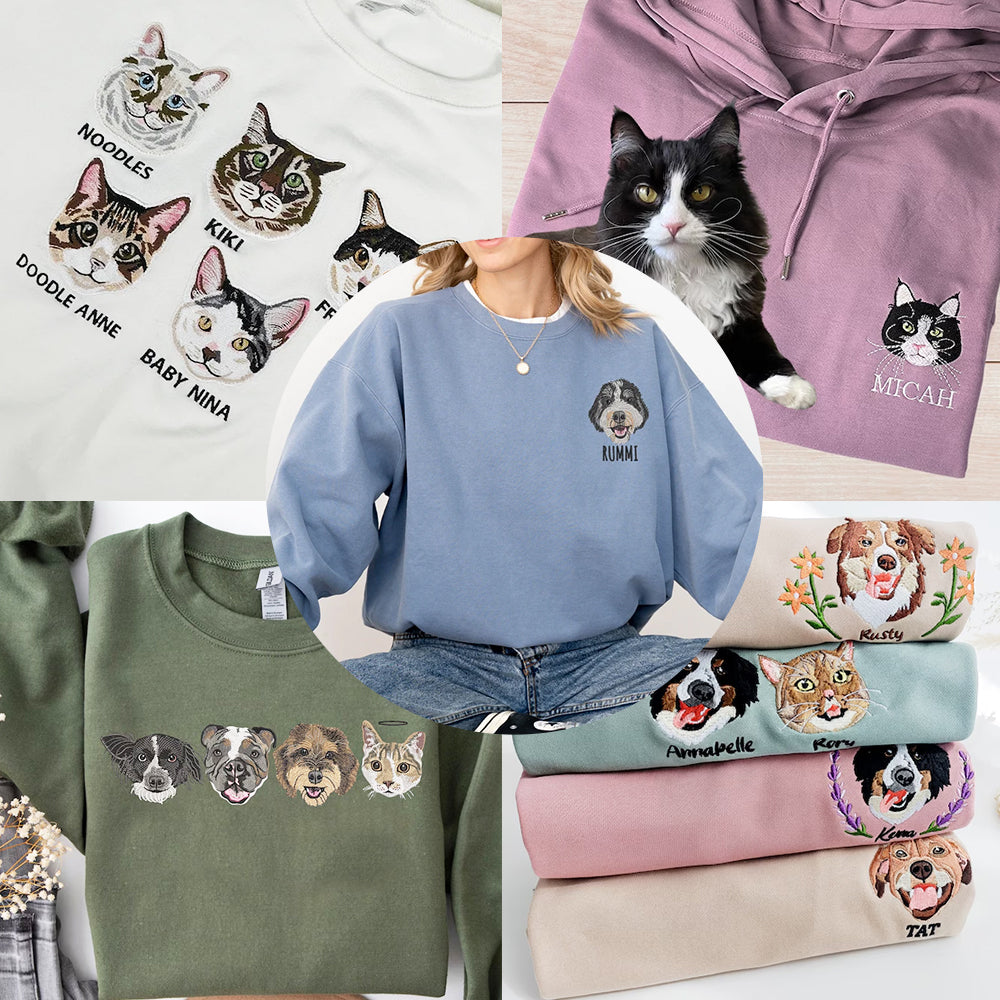Personalized Pet Portrait Embroidered Sweatshirt T-shirt Hoodie- Colorful Design