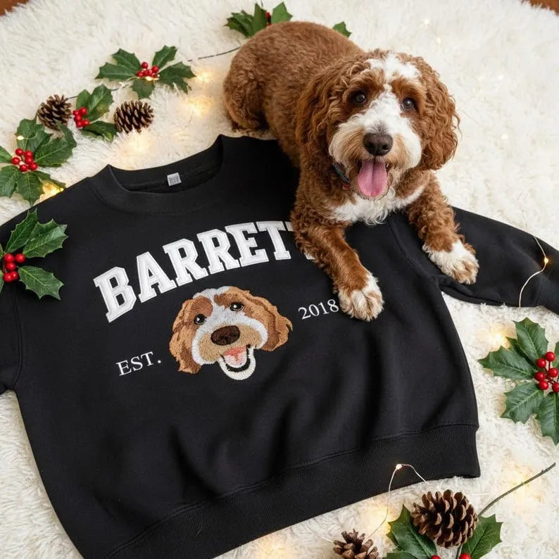 Custom Dog Face From Photo Premium Handcrafted Embroidered Sweatshirt- Varsity Colorful Design