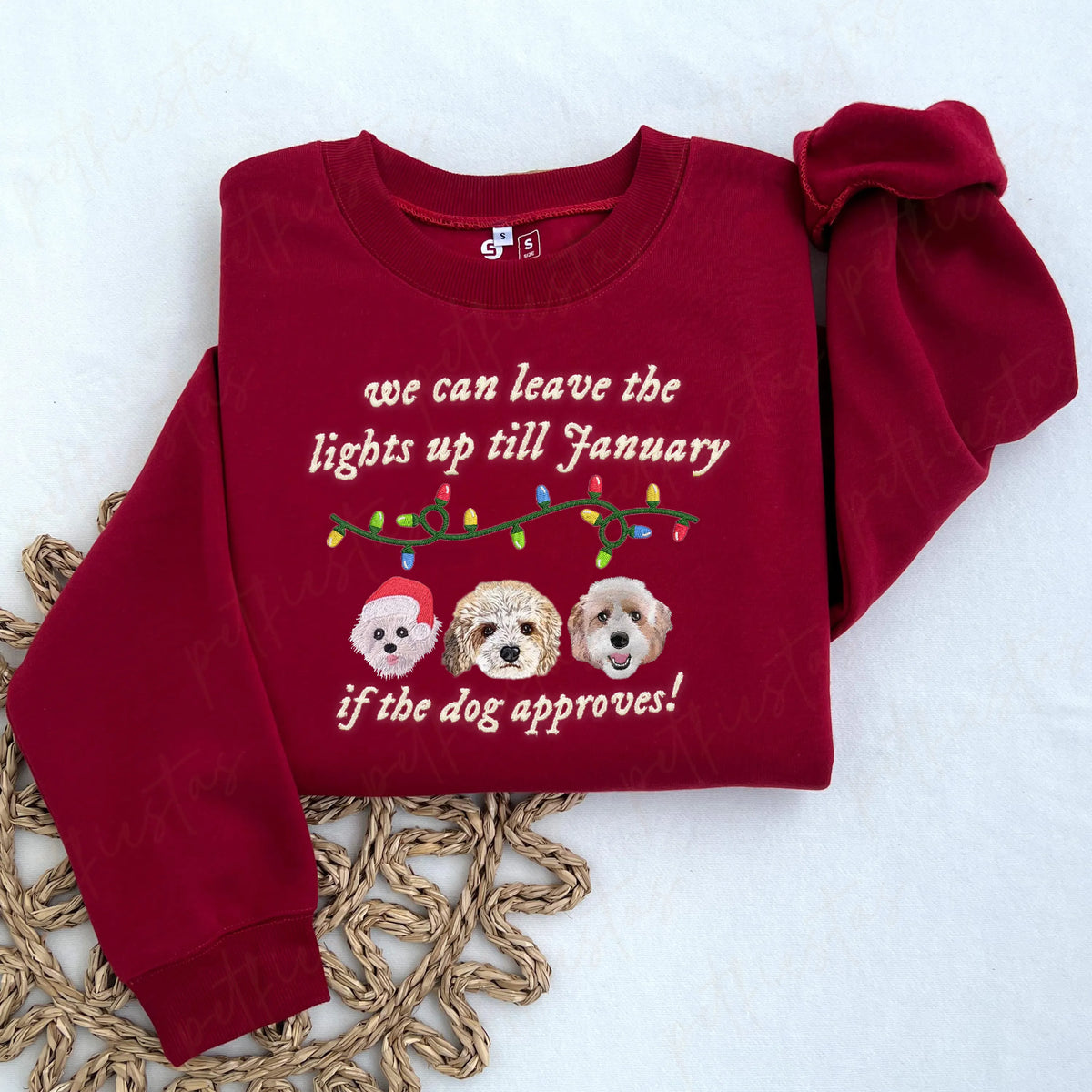 PetFiestas® We can leave the lights up till January Custom Pet Face Embroidered Sweatshirt Hoodie T-shirt- Colorful Desi