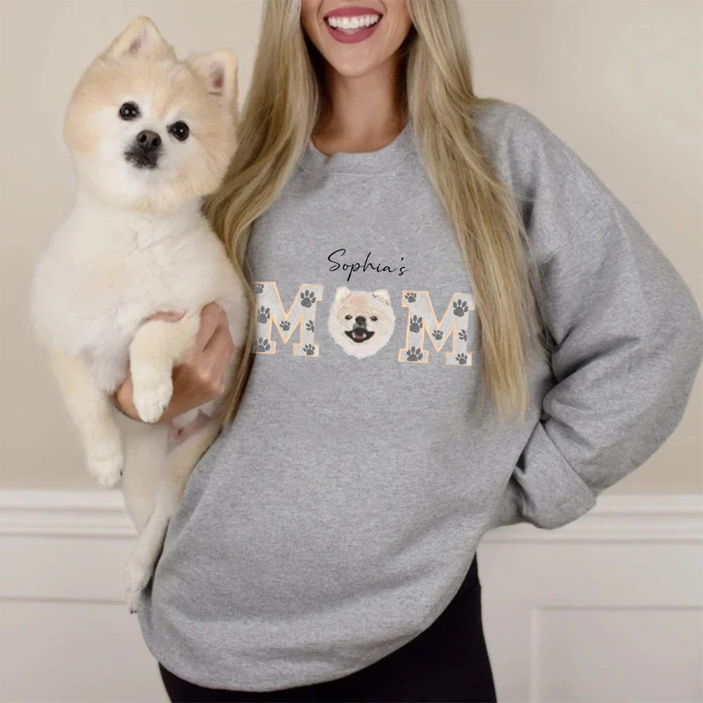 Custom Pet Portrait Embroidered Sweatshirt Dog Mom/Dog Dad Hoodie with Pet Name- Varsity Colorful Design