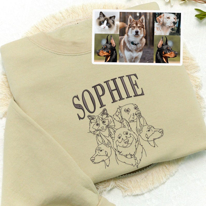 Custom Pet Portrait Outline Embroidered Sweatshirt Hoodie T-shirt- Stylish Outline Style