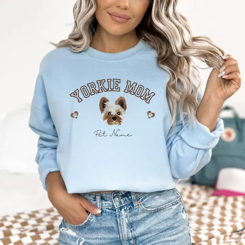 PetFiestas® Dog Mom Custom Dog Portrait Embroidered Hoodie or Sweatshirt T-shirt- Varsity Colorful Design