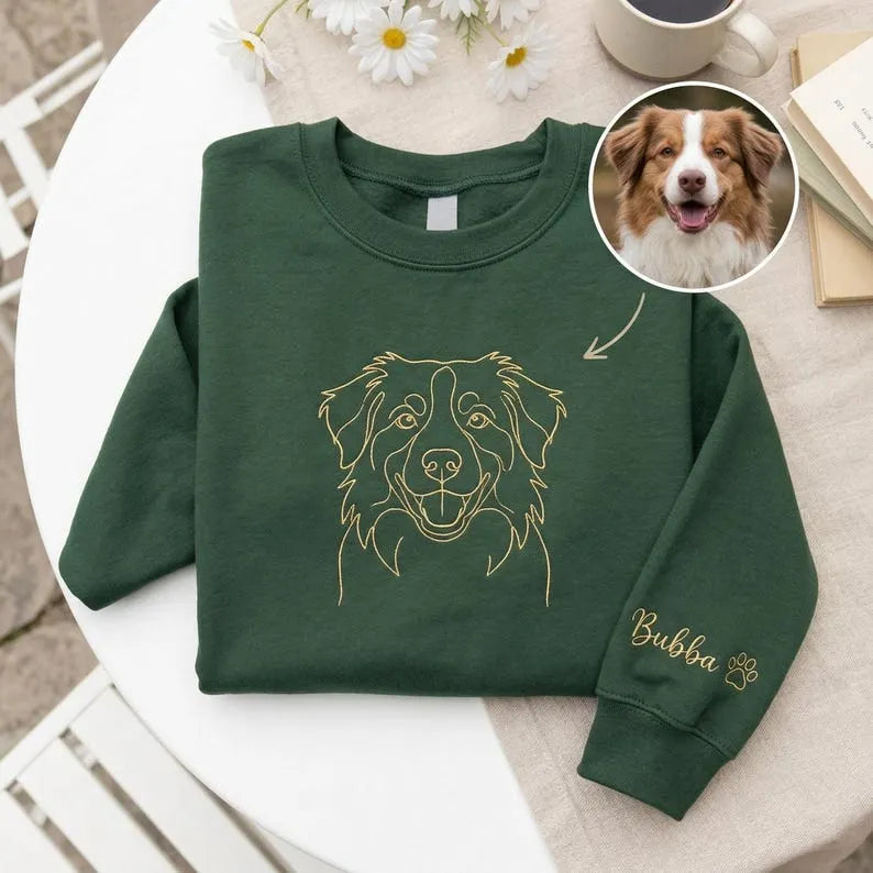 Custom Embroidered Pet Face Line Art Sweatshirt, Dog Dad Gift-Stylish Outline Style
