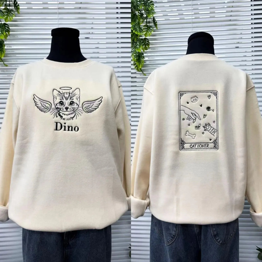 Custom Cat Memorial Embroidered Sweatshirt – Pet Portrait with Angel Wings & Tarot Card Back