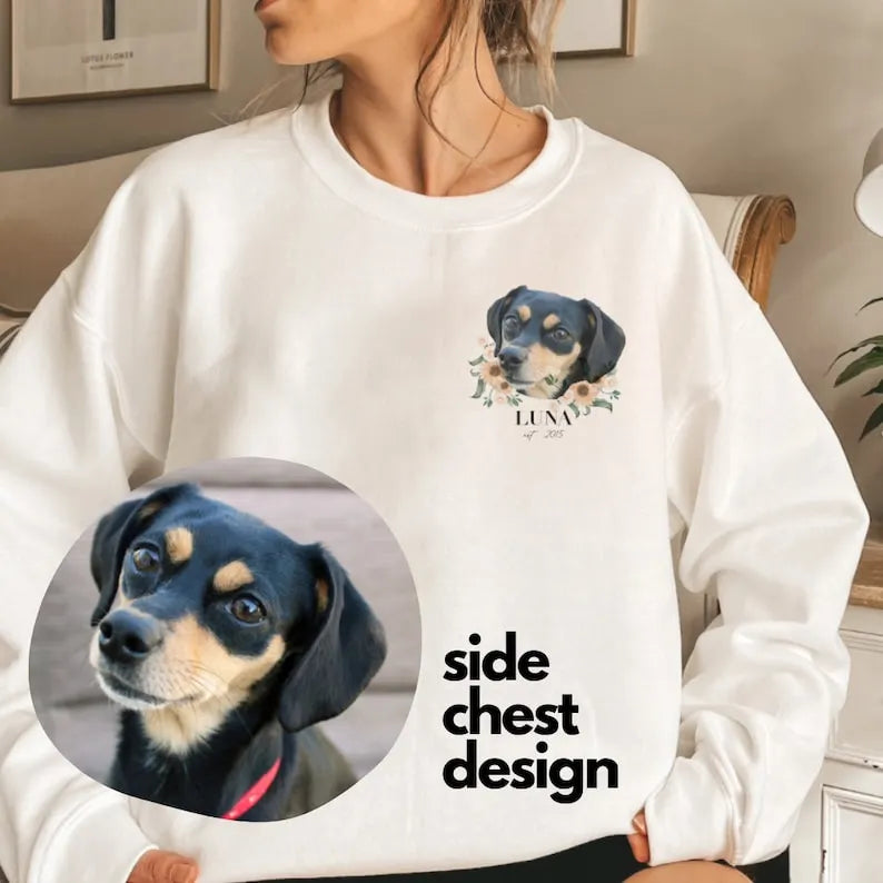 Personalized Pet Face Printed T-shirt Sweatshirt Hoodie Using Photo Name Custom Portrait Floral Wreath