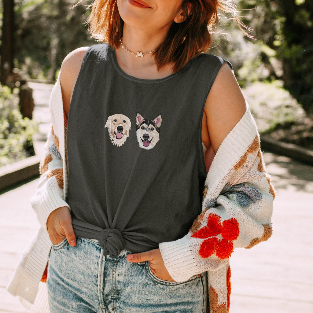 Custom Embroidered Pet Portrait Tank Top, Vintage Washed Tank Top