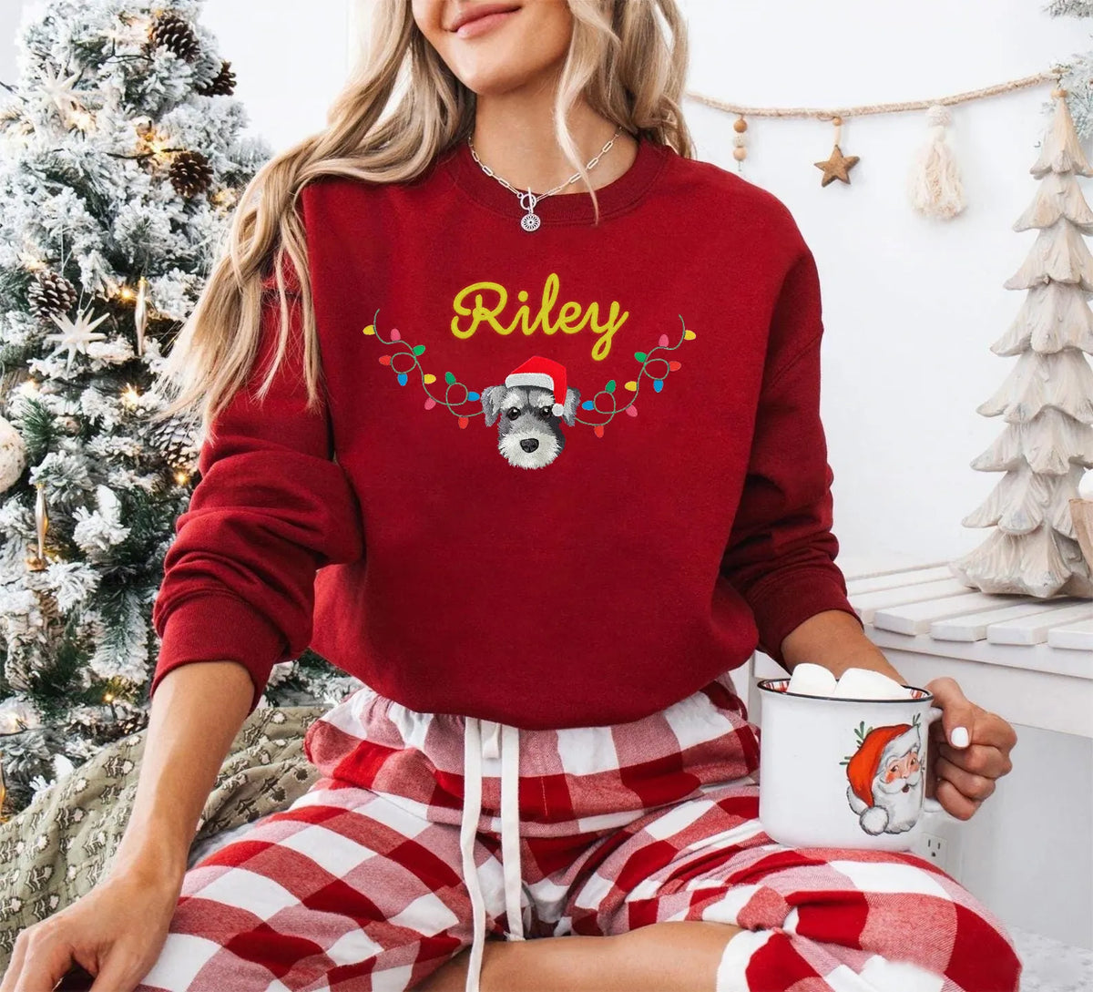 PetFiestas® Christmas Lights Custom Pet Face And Name Embroidered Sweatshirt Hoodie T-shirt- Colorful Design