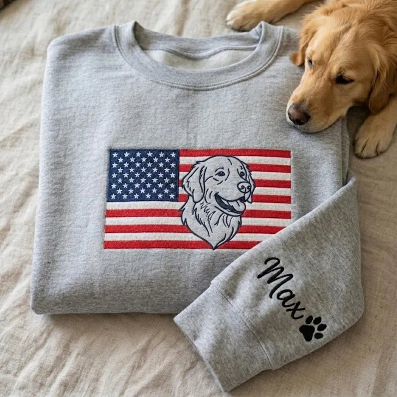 Custom Pet Line Art Embroidered Sweatshirt with American Flag, Patriotic Pet Sweathirt
