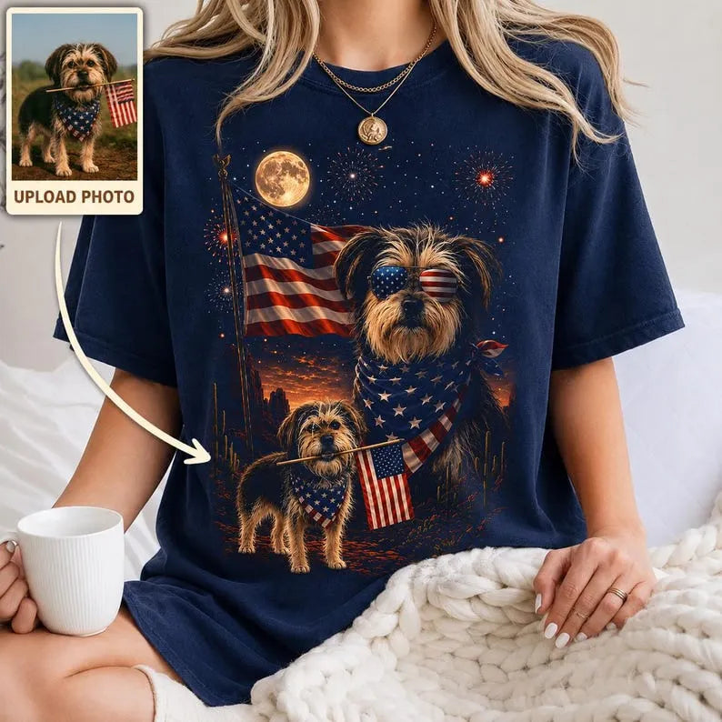 Custom Pet 4th of July Shirt, Personalized Dog Fireworks & American Flag Tee