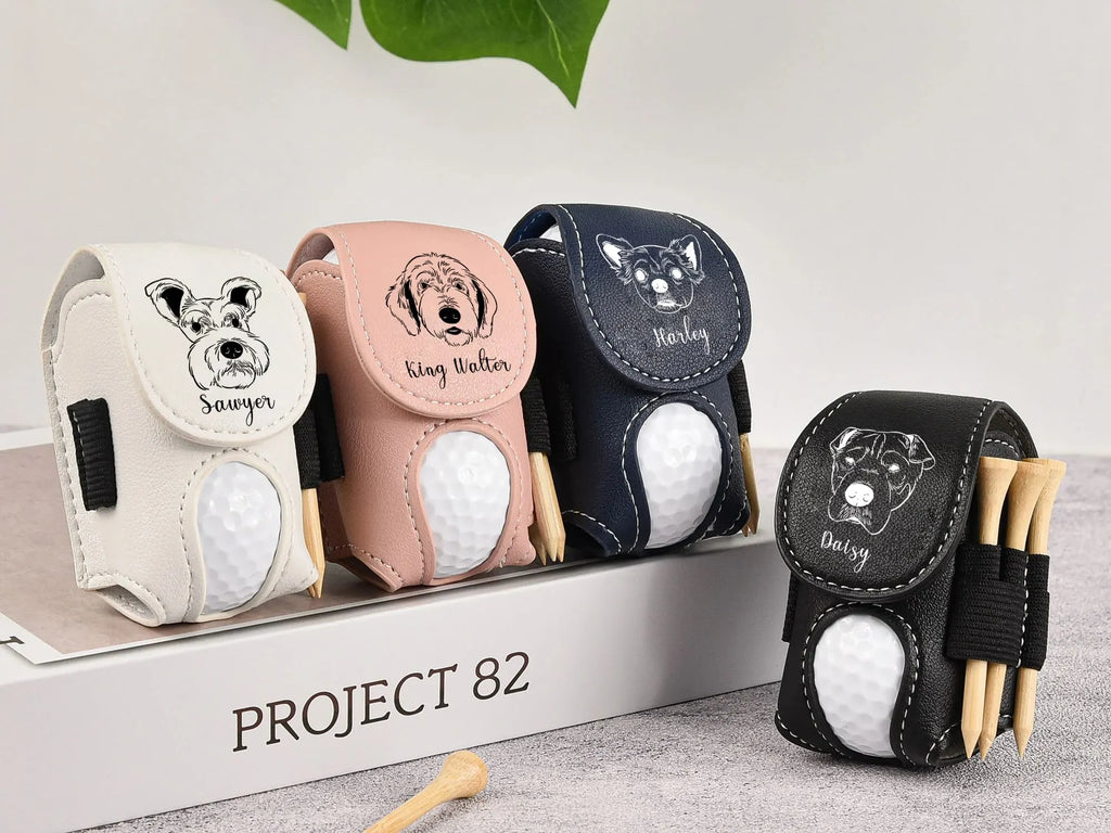 Personalized Dog Face Leather Golf Ball Bag, Mini Golf Tee Holder