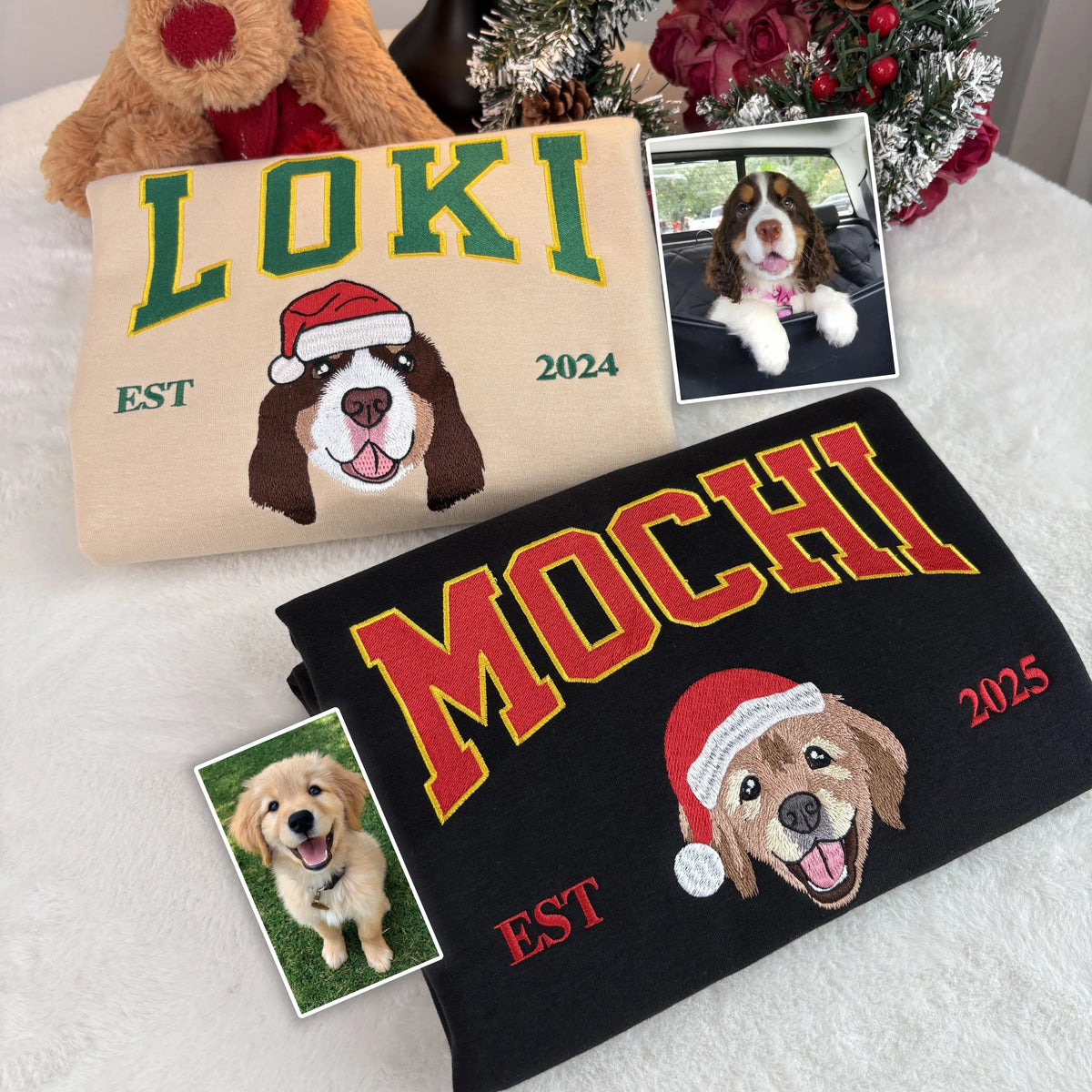 PetFiestas® Varsity Style Embroidered Pet Christmas Sweatshirt - Dog Face with Santa Hat Crewneck- Varsity Colorful Desi