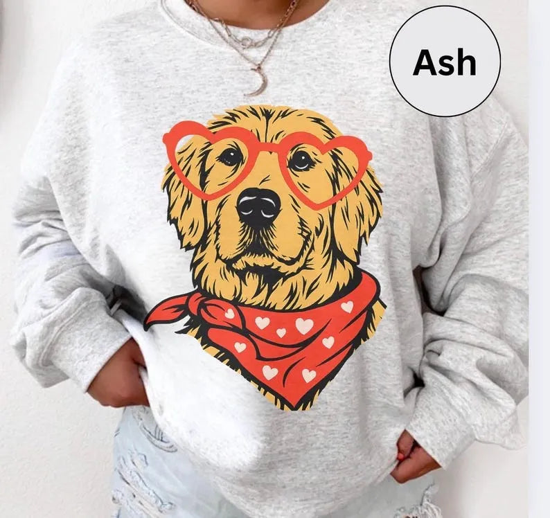 Valentine's Day Custom Pet Portrait Sweatshirt with Heart Glasses & Dog Bandana