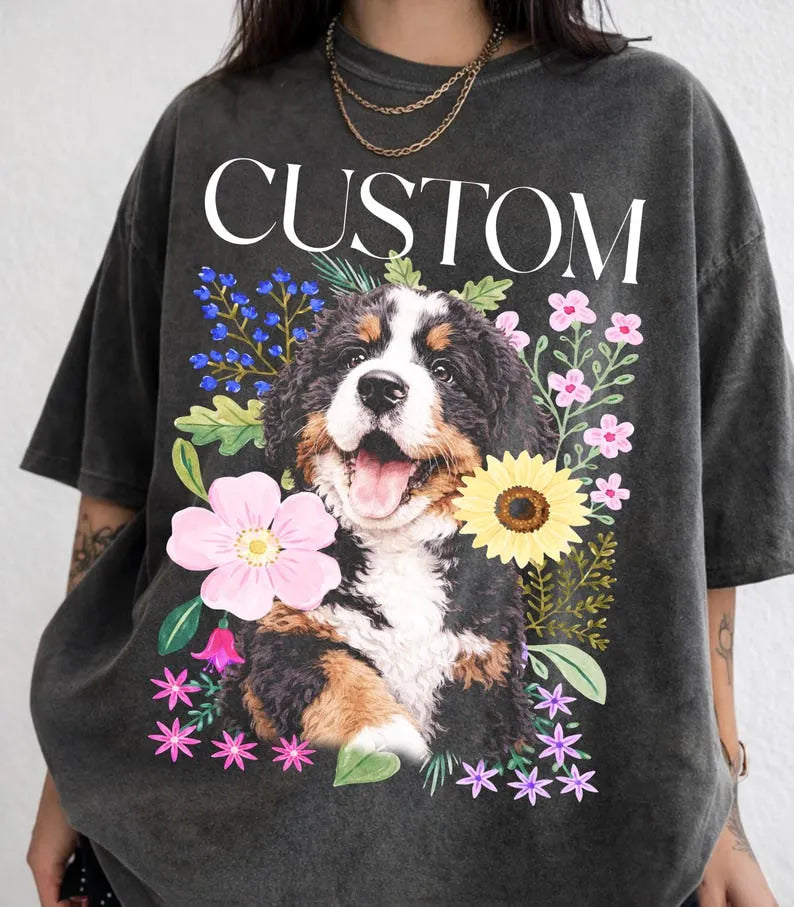 Custom Dog Portrait Floral Illustration T-Shirt, Personalized Pet Tee