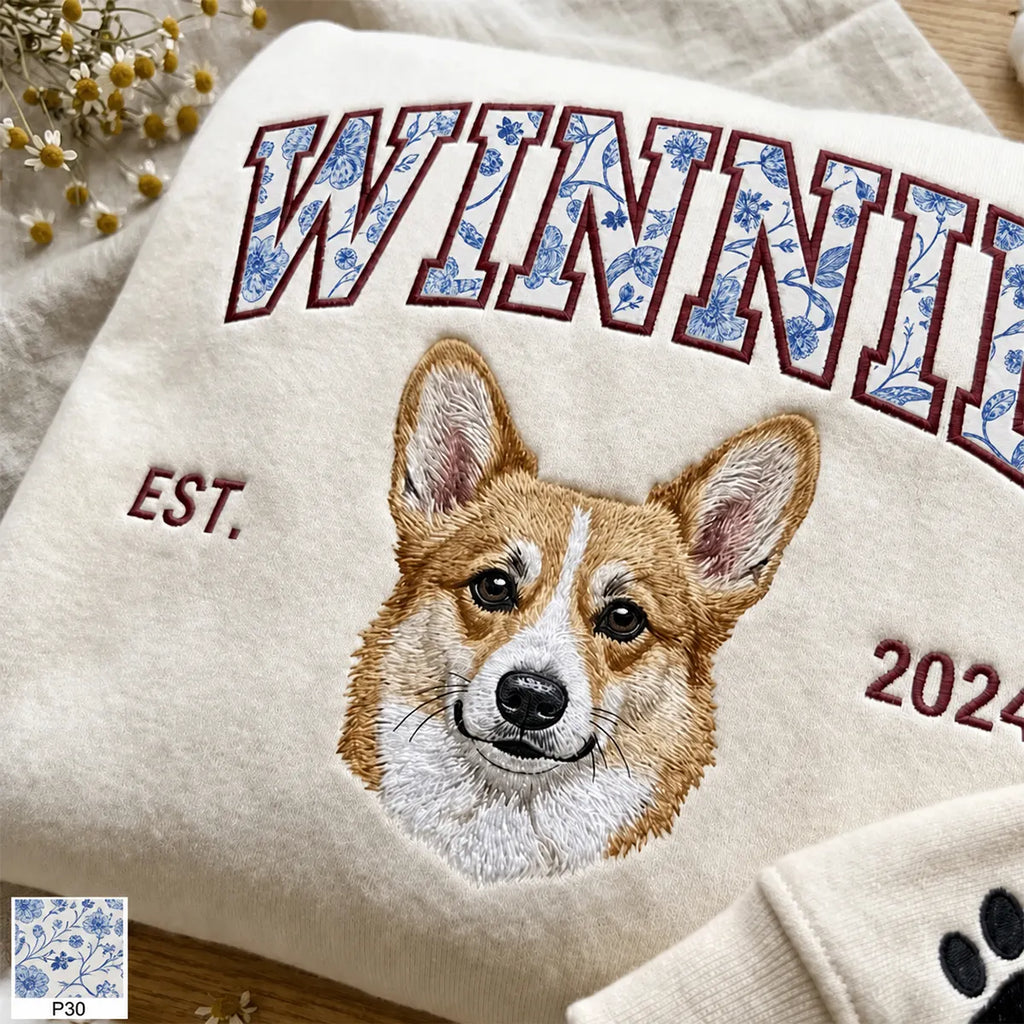 Custom Pet Portrait Sweatshirt — Indigo Blue Chinoiserie Appliqué Name