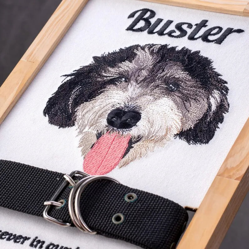 Custom Embroidered Pet Portrait Frame, Personalized Memorial Dog Collar Sign
