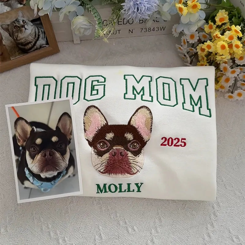 Custom Pet Portrait Embroidered Dog Mom Dad Sweatshirt, Dog Mama Varsity Shirt