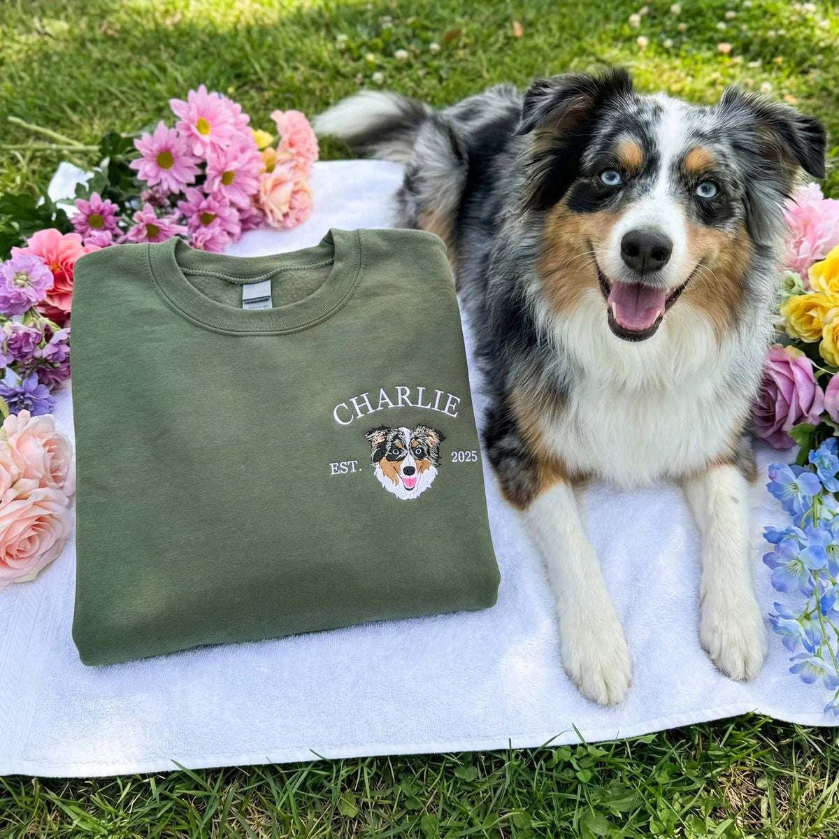 Custom Dog Name and Portrait Embroidered Sweatshirt, Personalized Dog Mom Sweatshirt