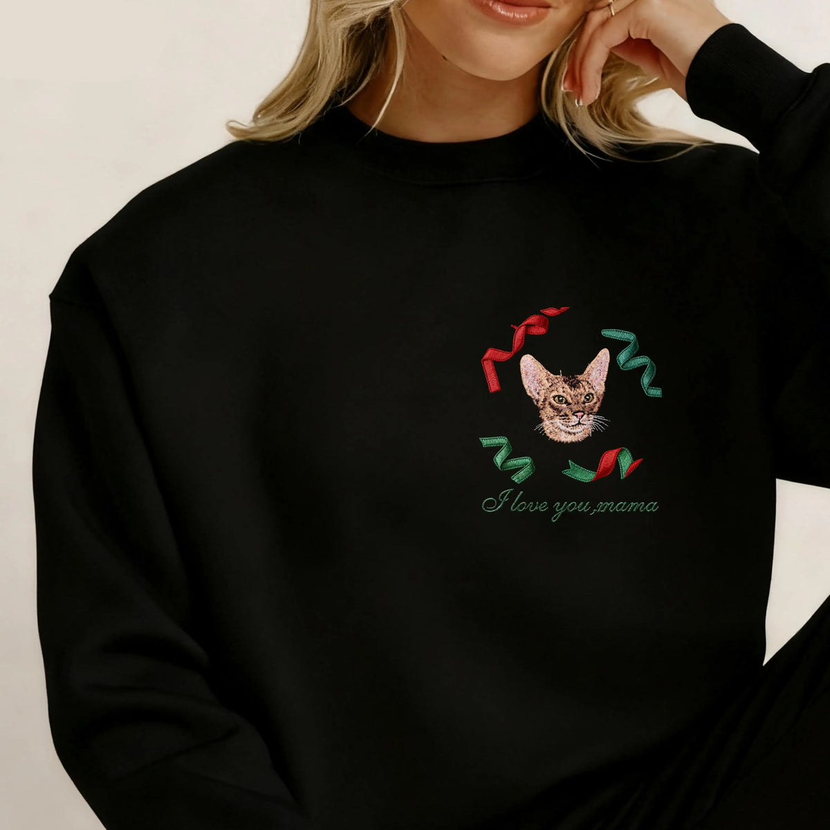 Custom Christmas Pet Portrait Embroidered Sweatshirt with Christmas Ribbons Wreath Design- Colorful Design