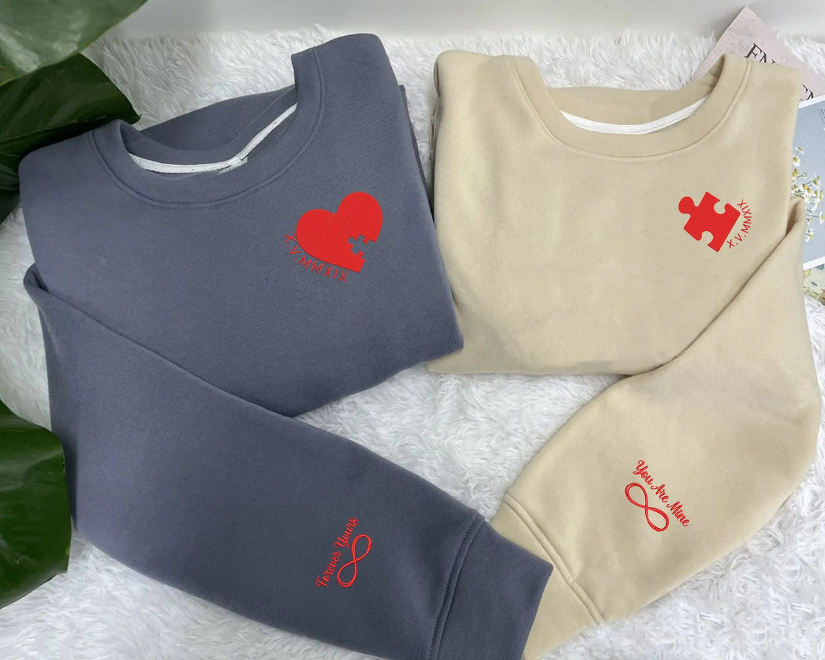 Personalized Heart And Puzzle Couple Embroidered Sweatshirt