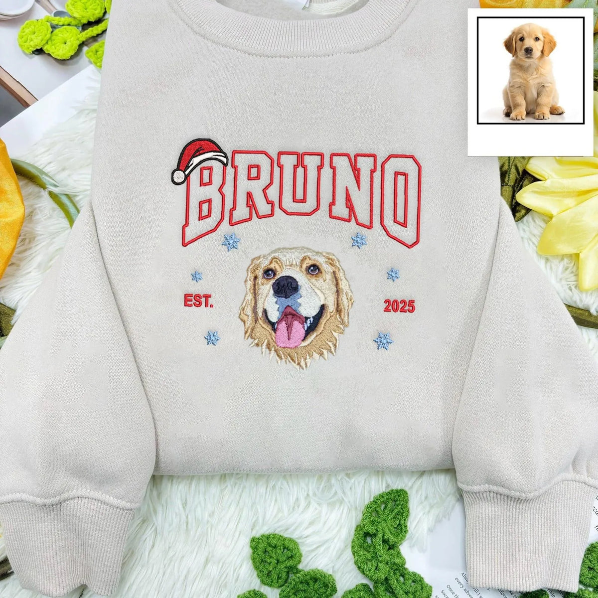 Custom Dog Cat Portrait Embroidered Christmas Sweatshirt- Varsity Colorful Design