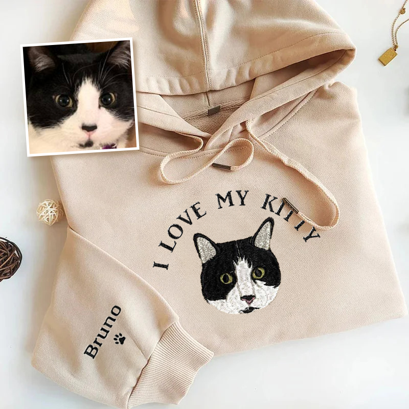I Love My Cat Custom Pet Portrait Embroidered Crewneck T-shirt Hoodie- Varsity Colorful Design