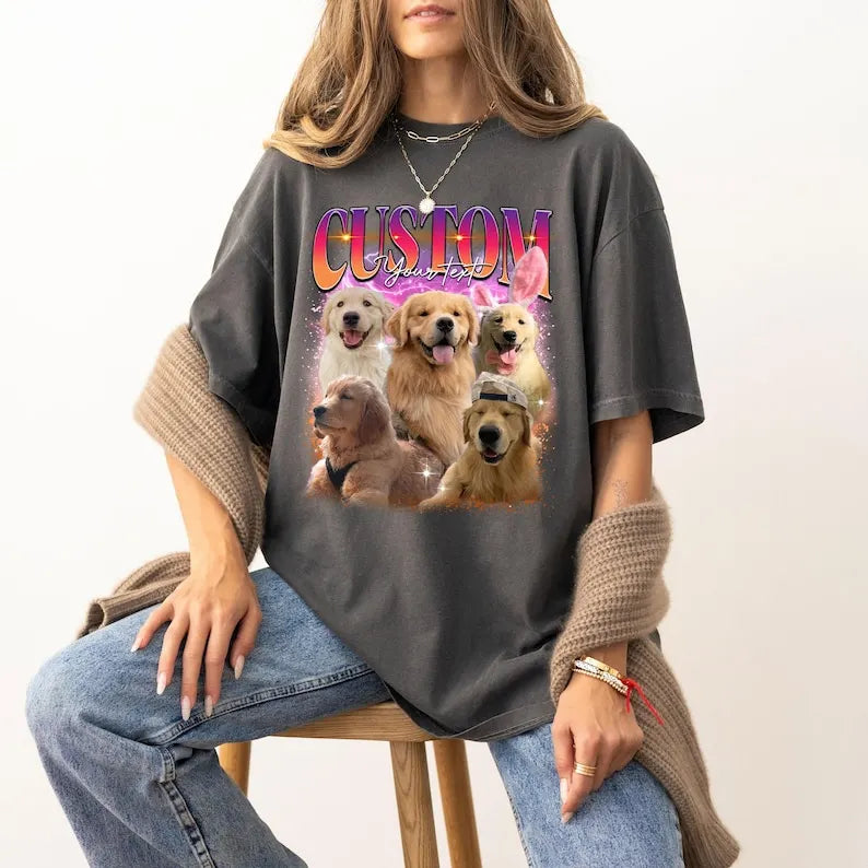 Custom Retro Pet Portrait T-Shirt – Personalized Vintage-Style Pet Tee