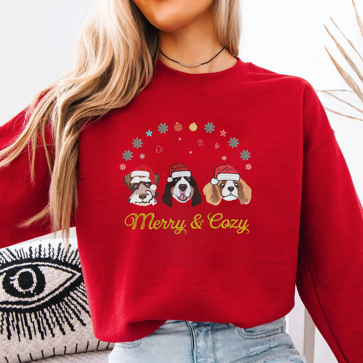 PetFiestas® Custom Pet Embroidered Sweatshirt with Christmas Decorations Embroidery Design- Colorful Design