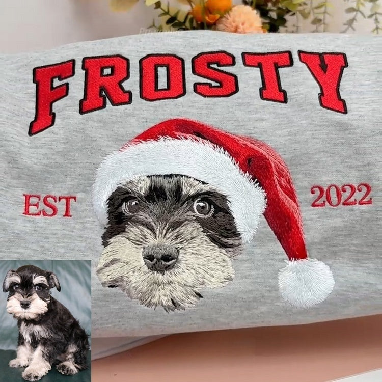 Custom Christmas Preppy Embroidered Pet Portrait T-shirt Sweatshirt Hoodie- Varsity Colorful Design