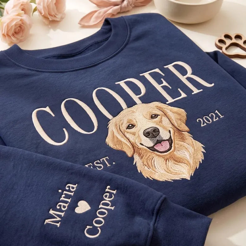 Custom Embroidered Dog Portrait Sweatshirt, Personalized Pet Photo Name Embroidered Crewneck