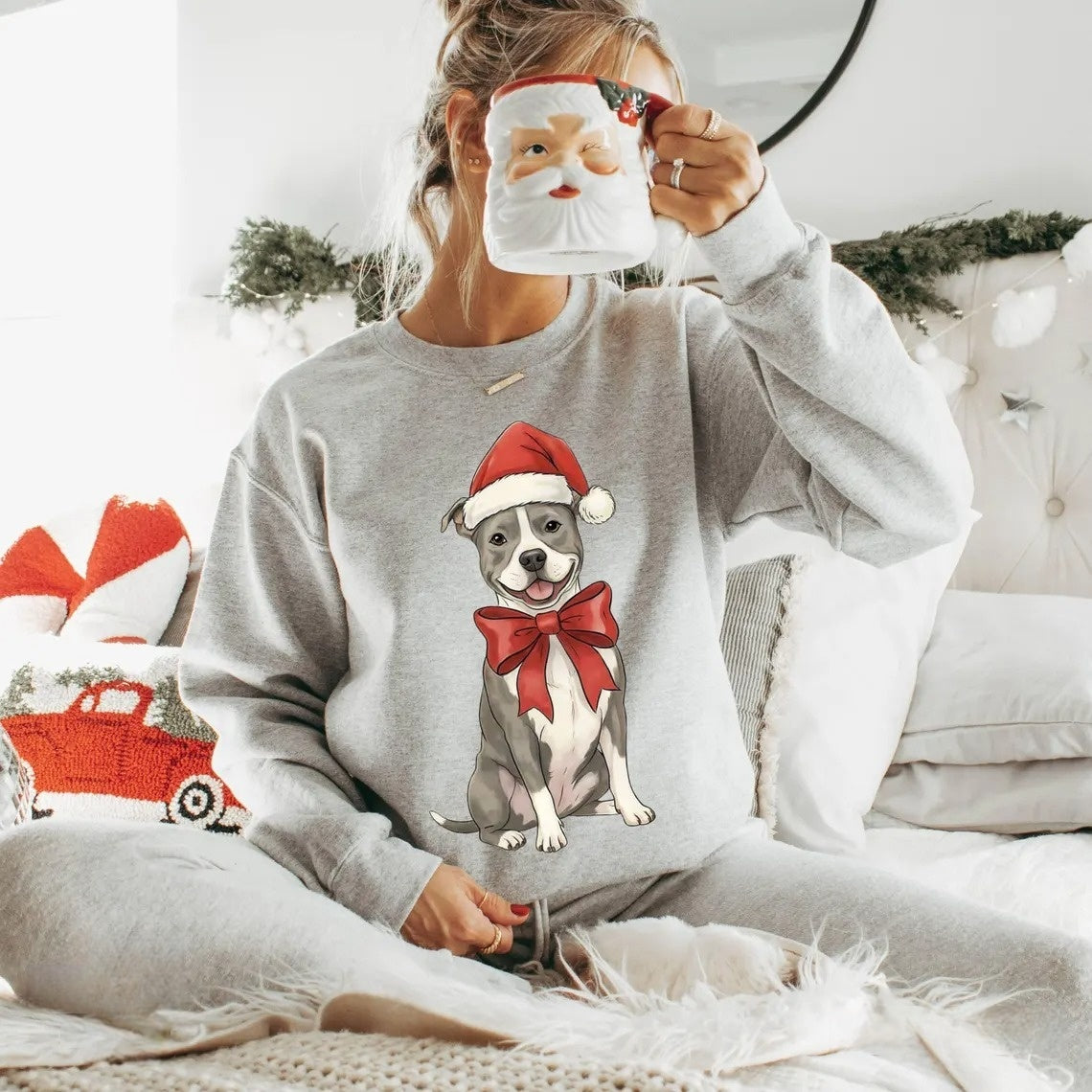 Custom Dog & Cat Sweatshirt with Santa Hat and Red Bow, Christmas Dog Crewneck