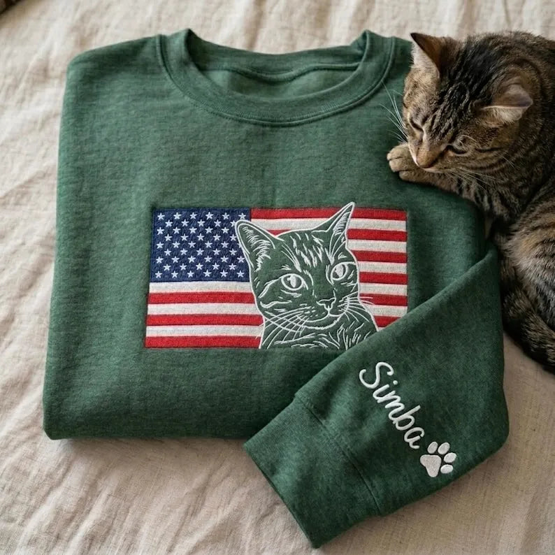 Custom Pet Line Art Embroidered Sweatshirt with American Flag, Patriotic Pet Sweathirt