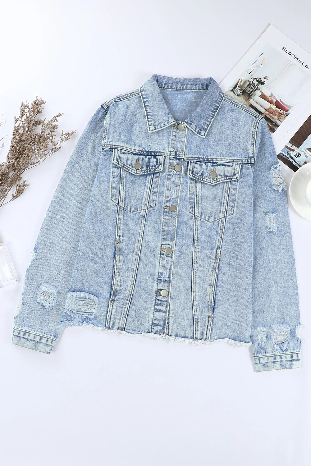 Custom Pet Portrait Embroidered Denim Jacket, Lapel Distressed Raw Hem Buttons Denim Jacket