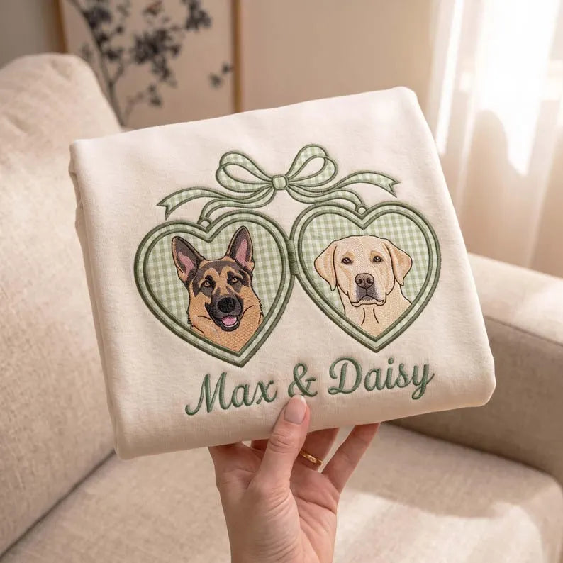 Custom Pet Portrait Embroidered Sweatshirt with Locket Heart Coquette Bow Design