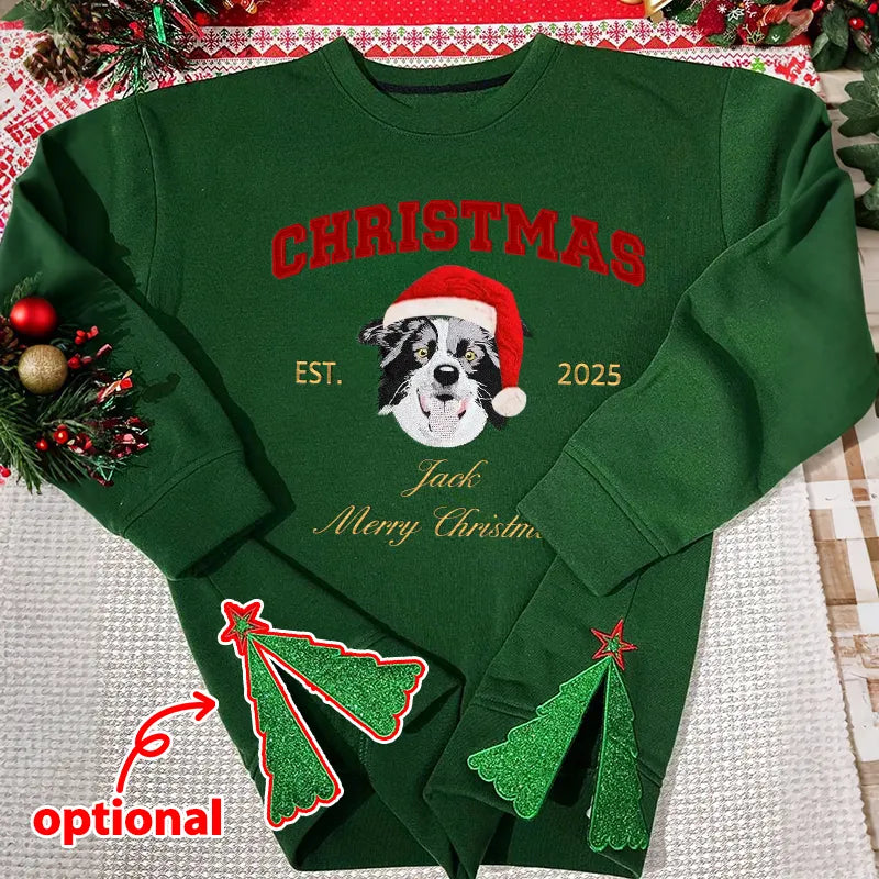 Custom Merry Christmas Embroidered Pet Portrait Sweatshirt with Glitter Side Bow Design- Varsity Colorful Design