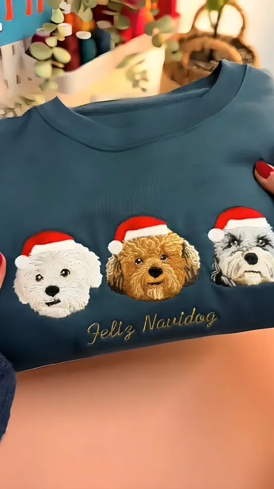 Custom Dog Cat Portrait Embroidered Christmas Sweatshirt Hoodie T-shirt- Colorful Design