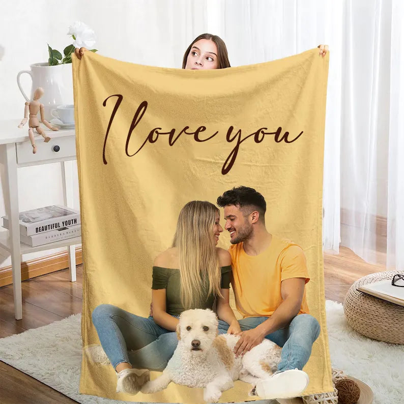 PetFiestas® Personalized Photo Blanket with Text, Custom Pet Photo Blanket For Family Couple