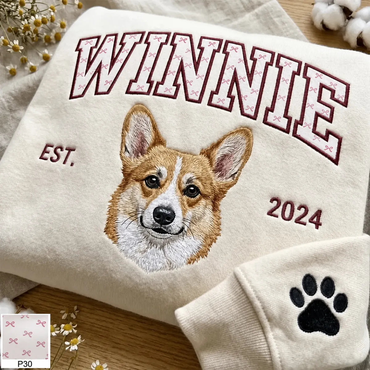 Custom Pet Portrait Embroidered Sweatshirt — Coquette Print Appliqué Name