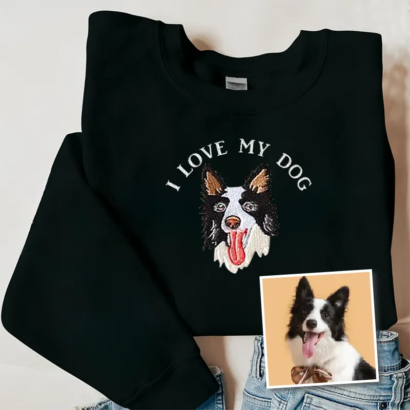 I Love My Dog Custom Pet Portrait Embroidered Crewneck T-shirt Hoodie- Varsity Colorful Design