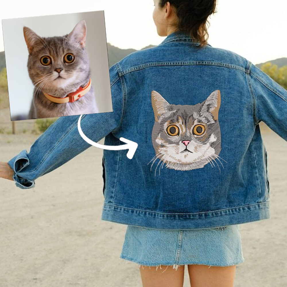 Pet Portrait Embroidered on Denim Jacket Back Side, Custom Pet Denim Jacket