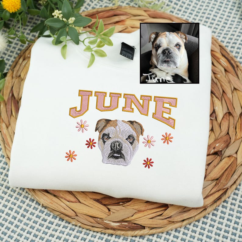 Custom Pet Photo Embroidery with Pet Name T-shirt Sweatshirt Hoodie with Floral Design- Colorful Design