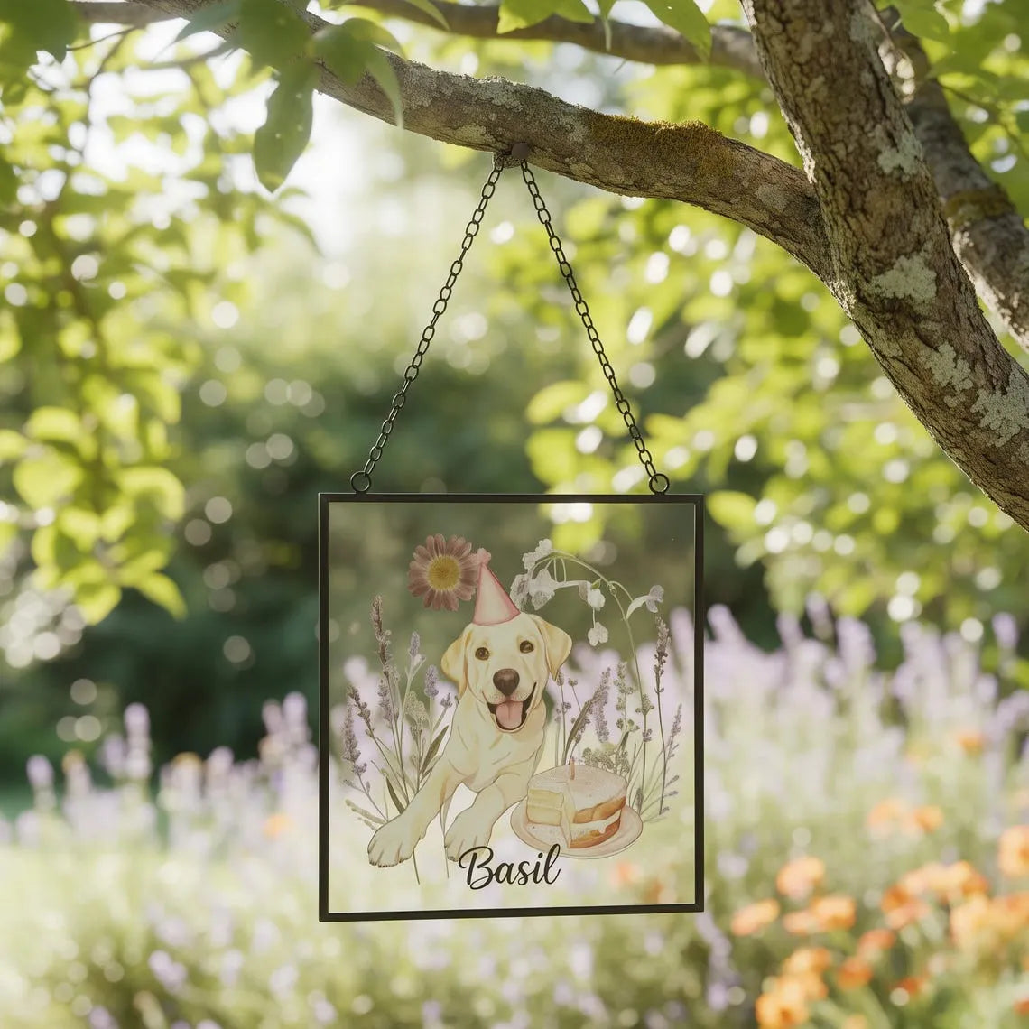 Custom Pet Portrait Suncatcher with Real Glass & Dried Flowers, Personalized Pet Memorial Gift