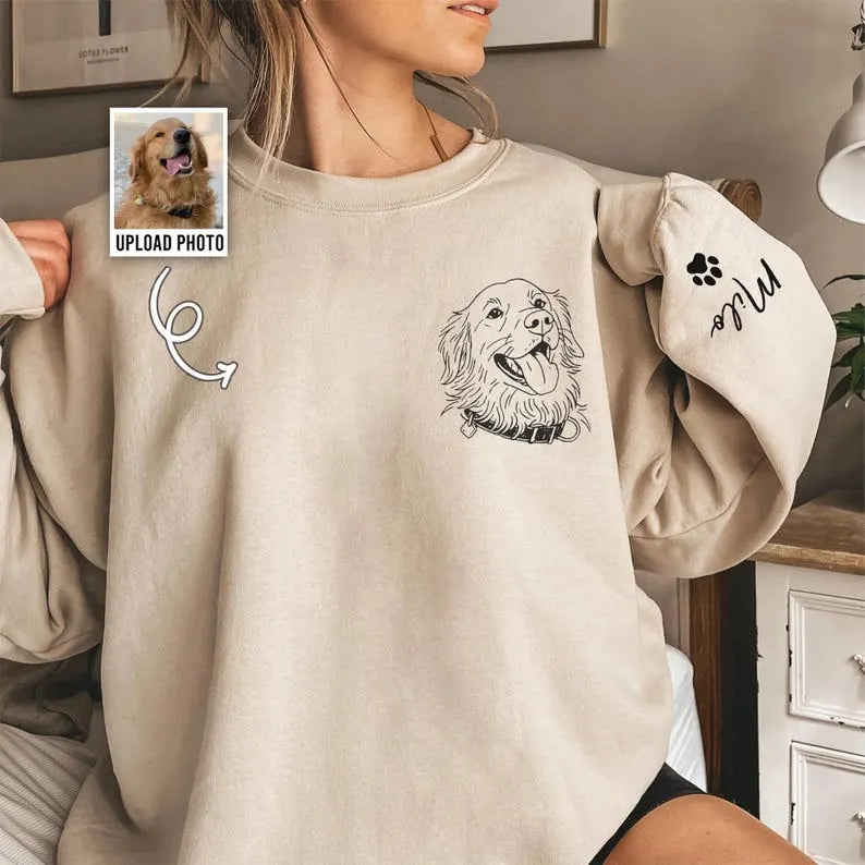 Custom Pet Face Line Art Printed Sweatshirt T-shirt, Minimalist Pet Photo Shirt