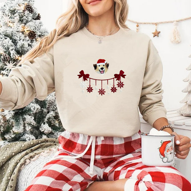 PetFiestas® Christmas Custom Dog Cat Face Embroidered Sweatshirt with Snowflake Embroidery- Colorful Design