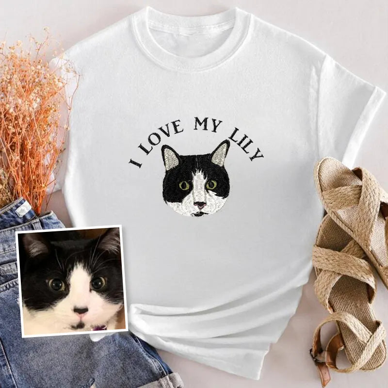 I Love My Cat Custom Pet Portrait Embroidered Crewneck T-shirt Hoodie- Varsity Colorful Design
