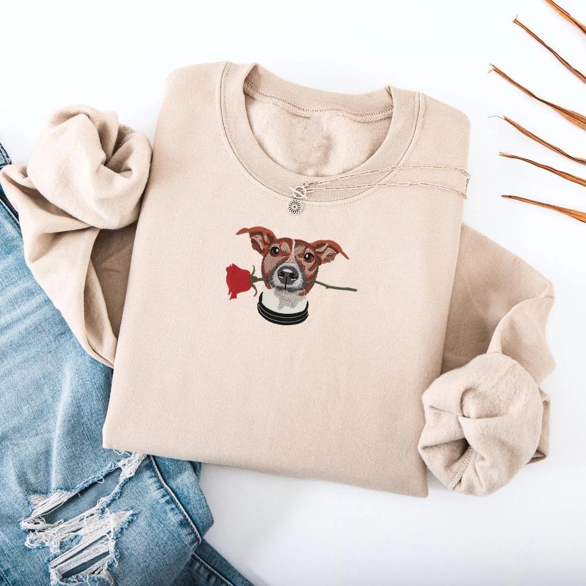 PetFiestas® Custom Pet Portrait & Rose Embroidered Sweatshirt, Hoodie, T-shirt, Valentine's Day Gift- Colorful Design
