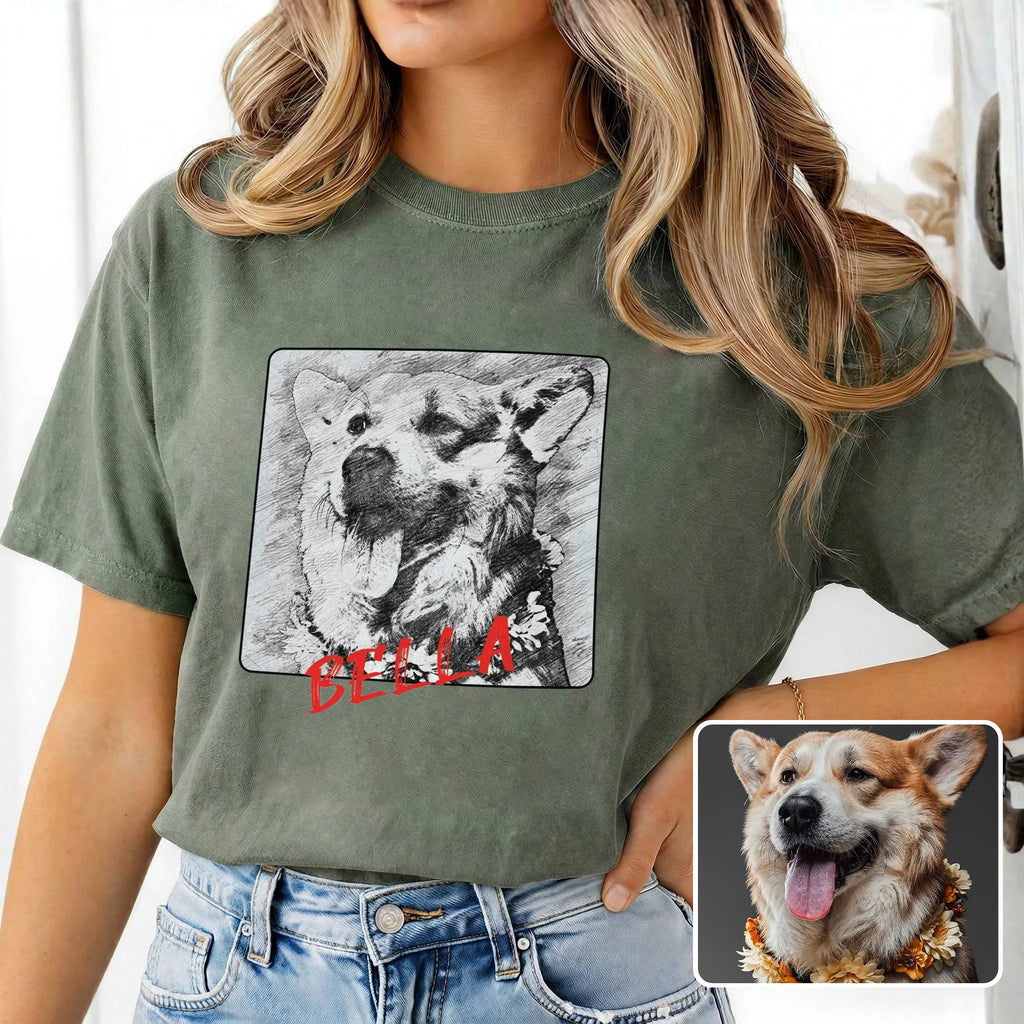 Custom Pet Portrait Pencil Sketch Tee, Dog & Cat Memorial Shirt