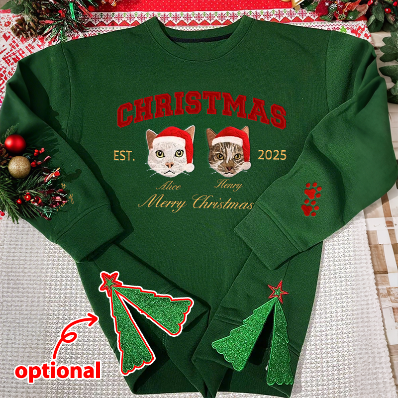 Custom Merry Christmas Embroidered Pet Portrait Sweatshirt with Glitter Side Bow Design- Varsity Colorful Design