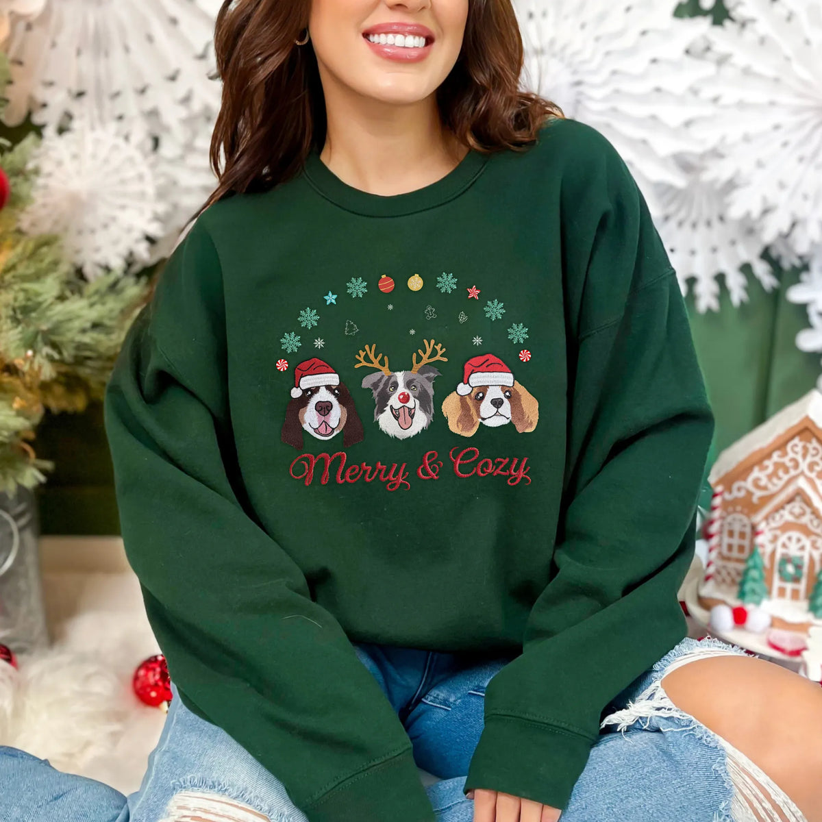 PetFiestas® Custom Pet Embroidered Sweatshirt with Christmas Decorations Embroidery Design- Colorful Design