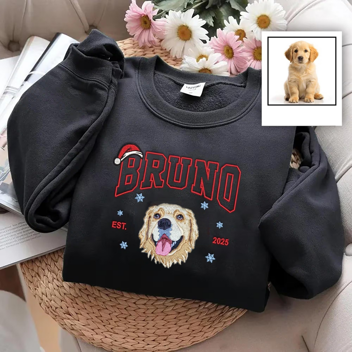 Custom Dog Cat Portrait Embroidered Christmas Sweatshirt- Varsity Colorful Design